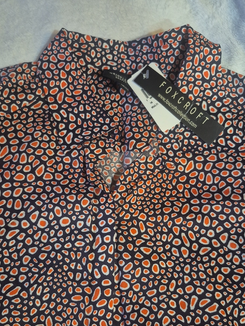 Foxcroft Navy Shirt with Orange & Cream Pebble Print
